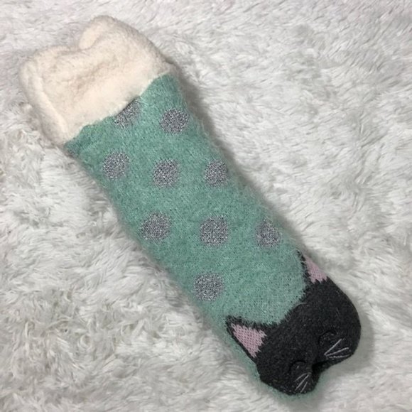 NWOT Faux Eyelash Angora Sherpa Sparkle Dot Mint Charcoal Kitty Cabin Socks - Picture 2 of 6